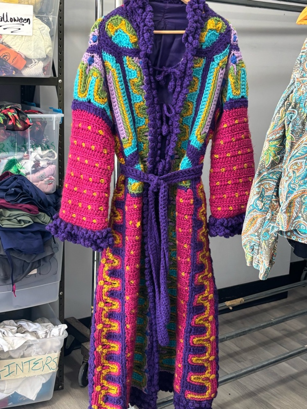 Handmade Vibrant Crochet Duster Coat in Purple, Fuchsia, Teal. Vintage